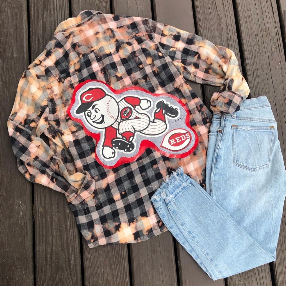 Cincinnati Reds upcycled acid wash flannel